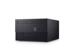 A black Dell mini desktop computer with a front optical drive bay, mesh lower grille, and front-facing ports, shown on a clean white background.