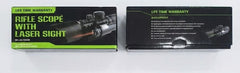 Four boxes containing rifle scope with laser sight and high power flashlights on a white background