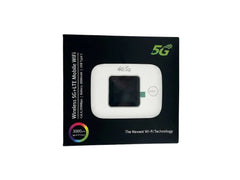 Black retail packaging box for a Wireless 5G+LTE Mobile WiFi device, featuring a white device illustration on the front and green 5G branding, photographed on a light gray background.