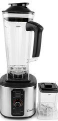A countertop blender with a clear pitcher, black lid and handle, and a brushed silver base, shown alongside a small clear container with a black lid on a white background.