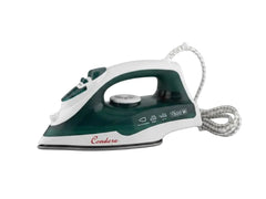 A Condere steam iron with a dark green and white body, featuring a silver cord and a white steam plug, shown against a plain white background.