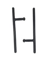 Two black T-shaped metal bars with textured grip ends, displayed vertically on a plain white background.