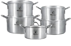 A 5-piece MINHAJ stainless steel cookware set including three stock pots, two saucepans, and one small pot with lid, arranged on a white reflective surface.