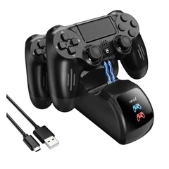A black wireless gaming controller shown resting on a matching black charging dock, with two additional controllers behind it and a USB cable at the lower left. The front of the dock has small white 'rainef' branding and blue lightning graphics indicating charging.