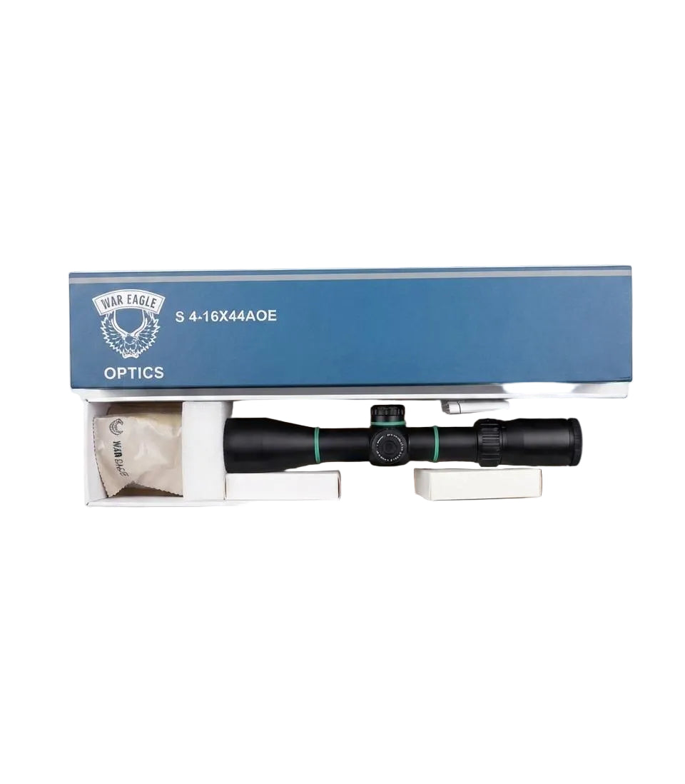 A black rifle scope with green accent rings displayed inside its open blue and white presentation box, which features the 'HUA FANG' brand logo and model text 'S 4-16X44AOE'.