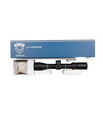 A black rifle scope with green accent rings displayed inside its open blue and white presentation box, which features the 'HUA FANG' brand logo and model text 'S 4-16X44AOE'.