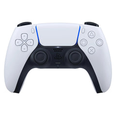 A PlayStation 5 DualSense wireless controller in white and black with blue accent lighting, shown from a front-facing perspective on a clean white background.