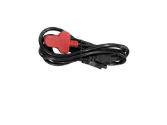 A coiled black power cable with a red molded plug connector, shown against a plain white background with a soft drop shadow.