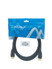 A black HDMI 3K meter cable by Cable Lab, coiled inside its blue and clear retail packaging, shown against a plain white background.