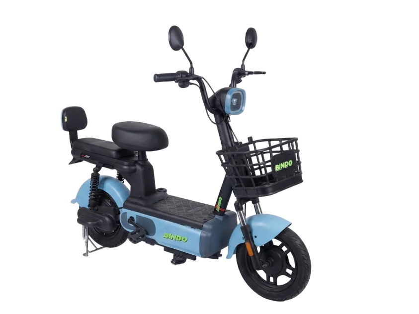 A light blue and black BINGO electric scooter with a front basket, rear passenger seat, and black tires, photographed on a clean white studio background.