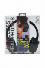 A pair of black over-ear wireless headphones in retail packaging, with the model name RB-605HB visible on the front.