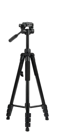 A black portable tripod standing next to its white and yellow retail packaging box, which shows the model Q-ZJ83 and the Andowl brand.