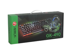 IMCE GK-490 mechanical keyboard and gaming accessory set in its original retail packaging, featuring a green and black box with a graphic of a black keyboard with RGB backlighting and a green gaming headset.
