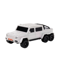 A white diecast model of a Mercedes-Benz G-Class 6x6 vehicle with black wheels, black side steps, and a black roll bar, shown on a seamless white background.