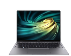 A silver Huawei laptop shown open against a plain white background, with the screen displaying a swirling teal and gold wallpaper.
