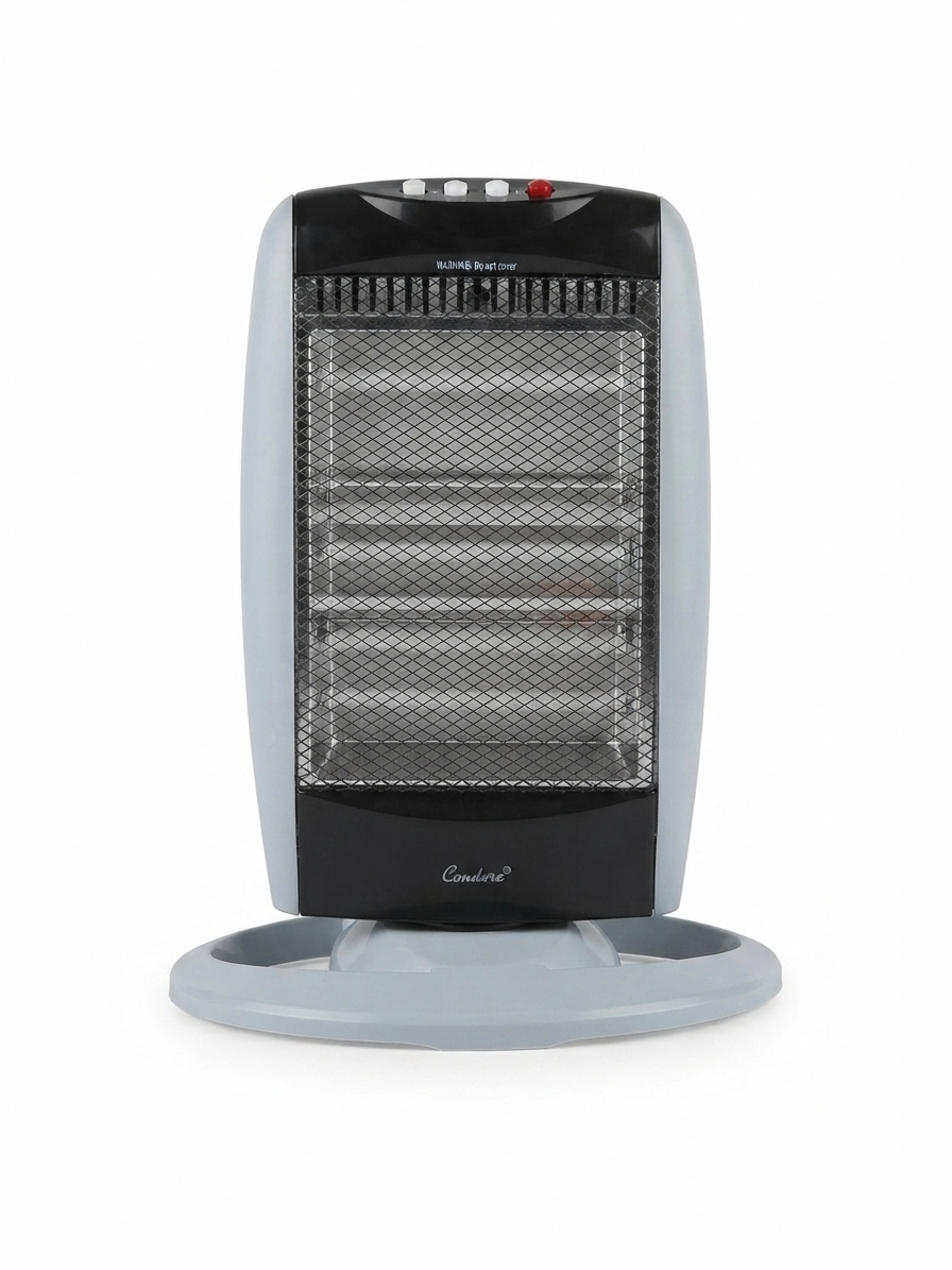 A compact electric heater with a gray and black design, featuring a mesh front panel and a circular base, shown against a plain white background.