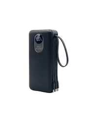A black portable power bank with a digital display showing 100% charge, featuring a wrist strap and multiple USB-C output cables, set against a plain light gray background.
