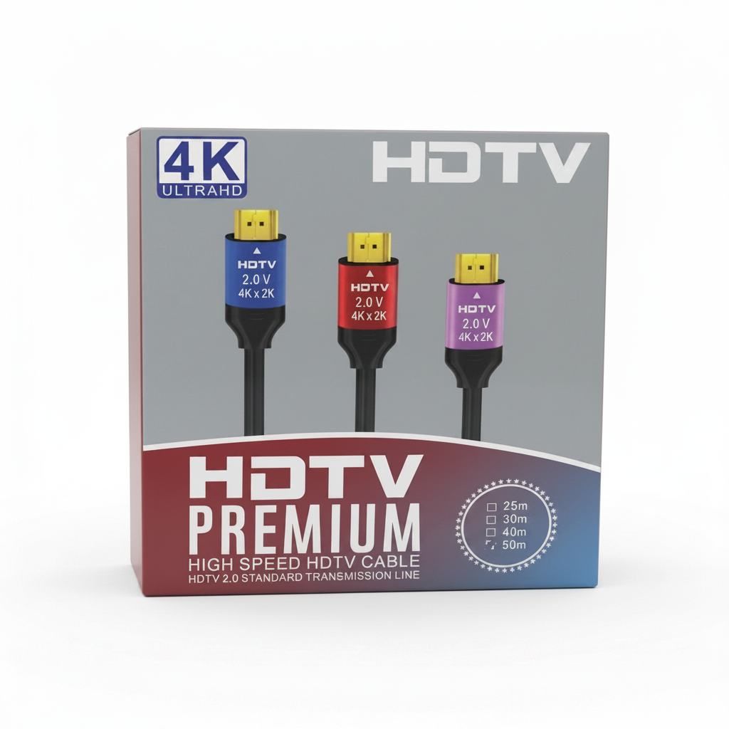 A retail box for an HDTV Premium high speed HDMI cable, featuring a gray background with illustrations of three cable connectors in blue, red, and purple, and a red-to-blue gradient lower section with text detailing the product features.