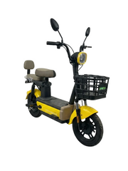 A yellow and black electric scooter with a front basket, rear passenger seat, and black tires, shown on a plain white background.