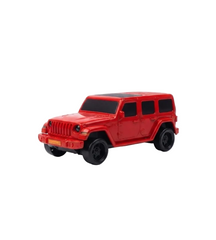 A red toy Jeep Wrangler model with black wheels and windows, shown from a three-quarter front angle on a white background.