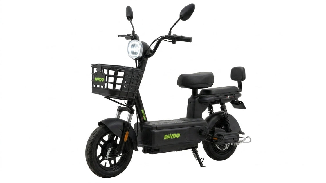 A black Dingo electric scooter with a front basket, black seat with backrest, and green brand lettering, shown on a plain white background.