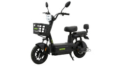 A black Dingo electric scooter with a front basket, black seat with backrest, and green brand lettering, shown on a plain white background.
