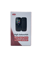 A retail box for the Digit Sahara100 mobile phone, showing a black phone image on a white and red background with product feature labels.