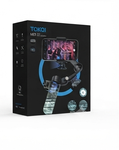 Six black retail boxes for a TOKYO MIJI handheld gimbal product, arranged in two rows of three on a light gray background. Each box shows the gimbal with a phone attached and blue circular graphics, with the TOKYO MIJI branding visible.