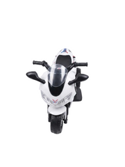 A white and black toy sport motorcycle with a clear windshield, photographed from a top-down angle on a seamless white background.