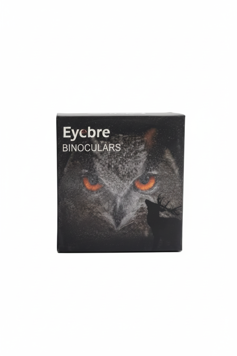 A black rectangular box for Eycbre Binoculars featuring a printed owl face with bright orange eyes on the front, photographed against a plain white background.
