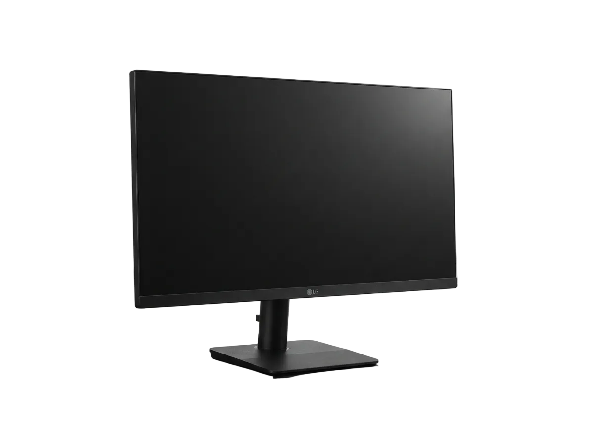 A black LG computer monitor with a slim bezel and stand, shown on a reflective dark surface against a light gray studio background.