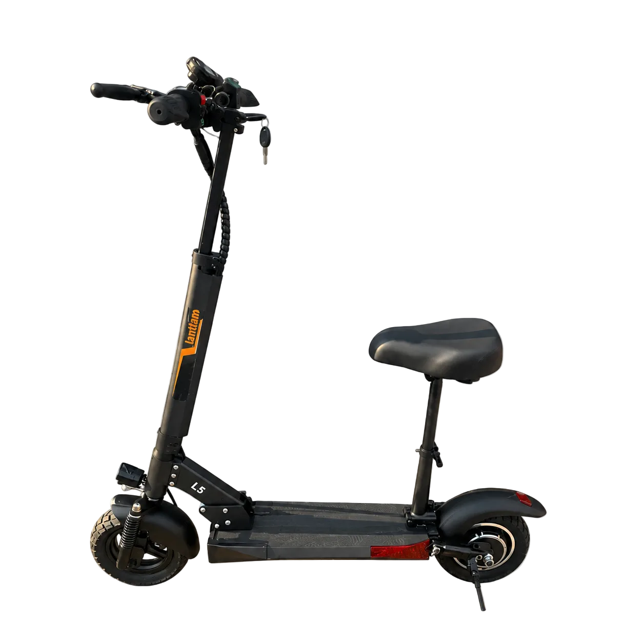 A black electric scooter with a black saddle, black handlebars, and a black deck, featuring a small orange and white 'Lunamo' brand logo on the frame, shown against a plain white background.