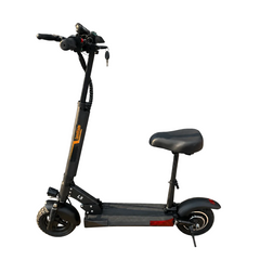 A black electric scooter with a black saddle, black handlebars, and a black deck, featuring a small orange and white 'Lunamo' brand logo on the frame, shown against a plain white background.