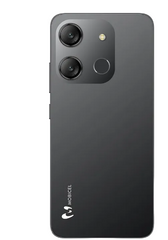The back of a black MoBICEL smartphone, featuring a dual-camera system, a fingerprint sensor, and the MoBICEL logo near the bottom, shown on a plain white background.