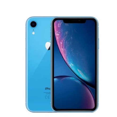 Blue Apple iPhone XR shown from both the front and back, featuring a single rear camera and the Apple logo on a plain white background.
