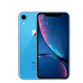Blue Apple iPhone XR shown from both the front and back, featuring a single rear camera and the Apple logo on a plain white background.