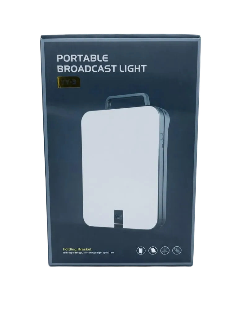 A dark gray retail box for a portable broadcast light, featuring a large printed image of the white rectangular device with a handle on the front.