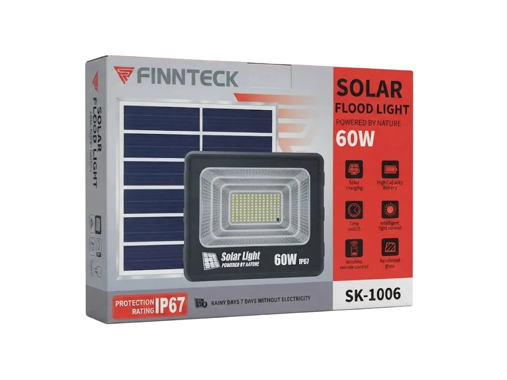 Finnτεck Solar Flood Light 60W SK-1006 retail packaging box, featuring a gray and red design with an illustration of the solar panel and flood light.