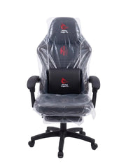 Black gaming chair with red logo details, wrapped in clear protective plastic on a white background.