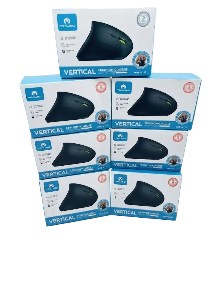 Six retail boxes of the Vertical Ergonomic Mouse by Logitech, arranged in a stacked pyramid on a white background.
