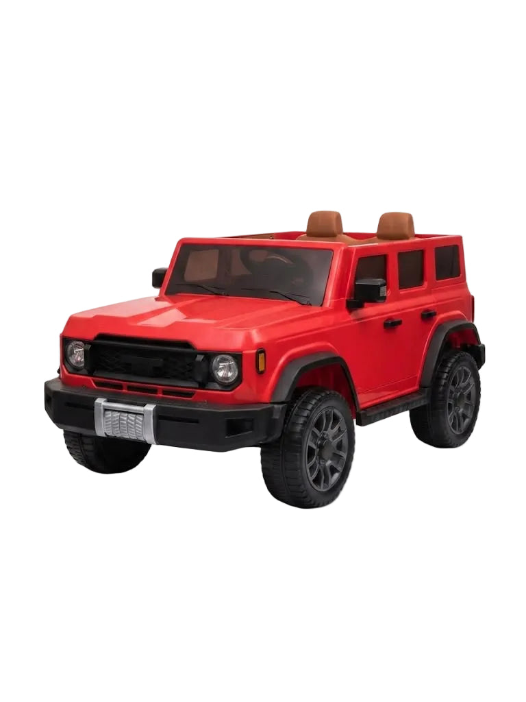 A red toy SUV with black wheels, a black front grille, and tan seats, shown on a clean white background.