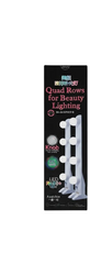 A tall black product box for a quad-row beauty lighting fixture, shown against a plain white background. The packaging features product imagery and text including 'Quad Rows for Beauty Lighting' and '4 LED bulbs.