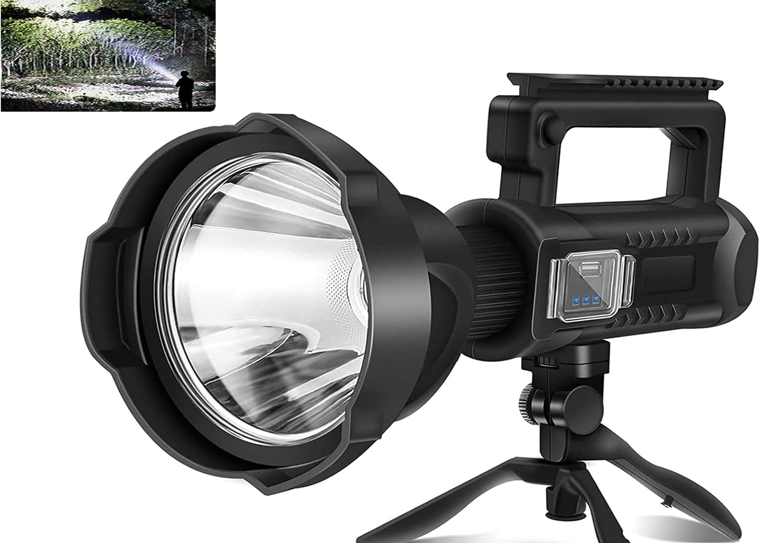 Black flashlight with tripod attachment and additional attachments on a white background
