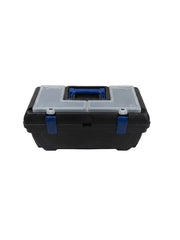 A black plastic tool box with a clear lid and blue latches, photographed from the front on a white background.