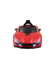 A red toy sports car with black details, featuring illuminated LED headlights, photographed from the front on a clean white background.