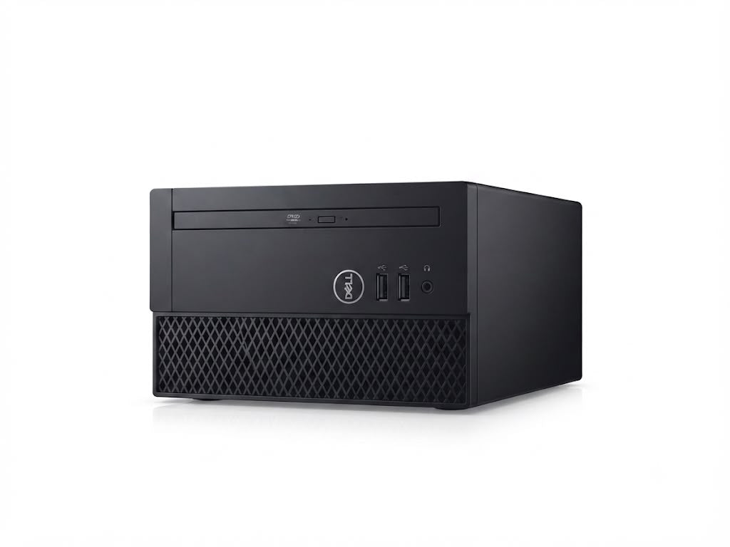 A black Dell mini desktop computer with a front optical drive bay, mesh lower grille, and front-facing ports, shown on a clean white background.