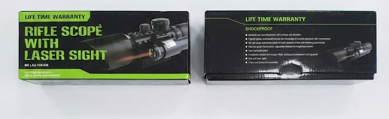 Four boxes containing rifle scope with laser sight and high power flashlights on a white background