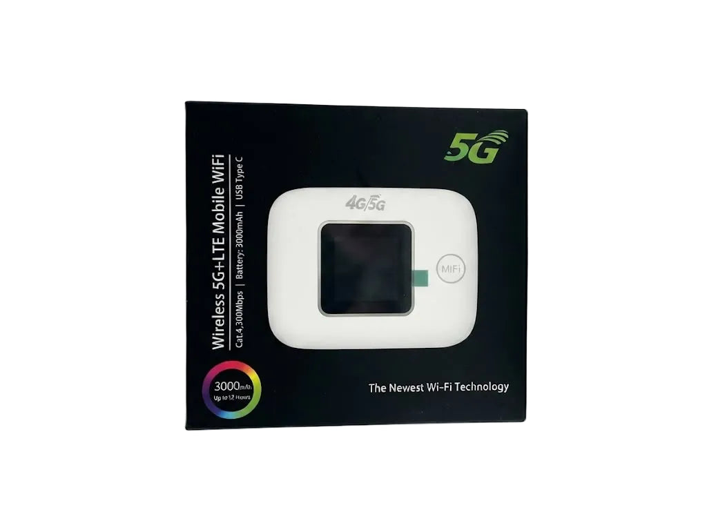 Black retail packaging box for a Wireless 5G+LTE Mobile WiFi device, featuring a white device illustration on the front and green 5G branding, photographed on a light gray background.