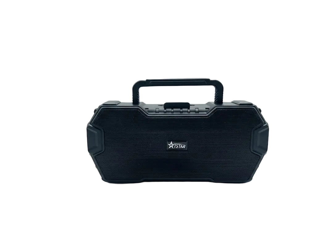 A black portable speaker with a built-in carrying handle, shown from the front on a white studio background with soft light leaks on the sides.