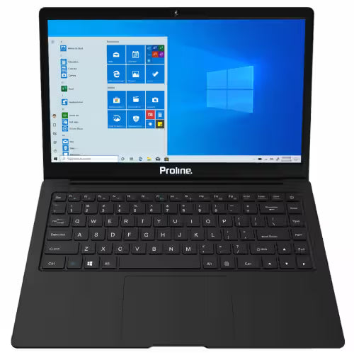 A black Proline laptop shown from a front-facing angle on a plain white background, with the screen turned on and displaying the Windows desktop.